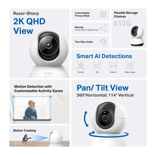 Telecamera smart da interno Tapo TC72 2K AI Pan/Tilt Wi-Fi - immagine 2