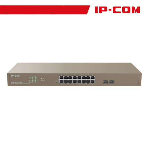 IP-COM Switch PoE Rack Cloud Managed L2 16 Port GE + 2SFP - G3318P-16-250W - Gray