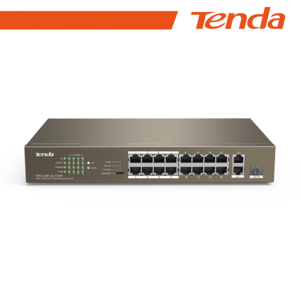 Tenda Switch 16-Ports PoE + 1 GE+1 SFP Unmanaged - TEF1118P-16-150W - Gray