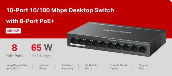 Switch Desktop 10 porte 10/100 PoE+  - Mercusys MS110P - Black