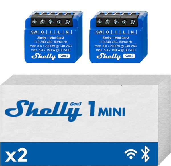 Shelly Mini 1 Gen 3 Double Pack – Relè Smart 8A AC/DC WiFi/Bluetooth