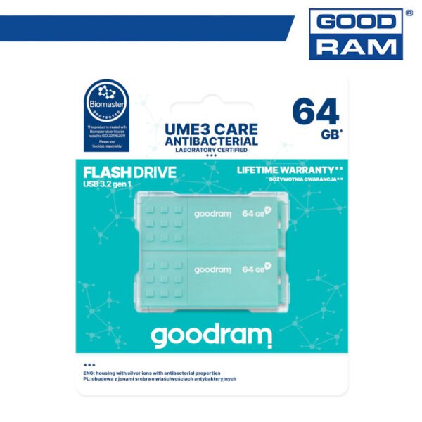 Pendrive GoodRAM 64GB UME3 CARE - ANTIBATTERICA - USB 3.0 - 2-pack - Water green