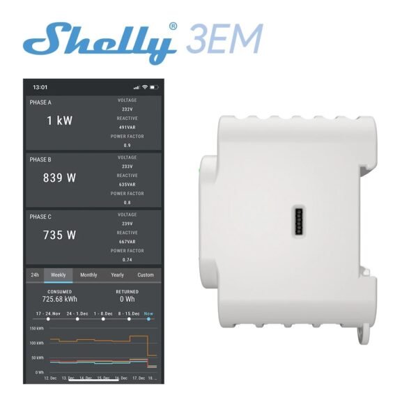 Shelly 3EM – Contatore di Energia 3 Fasi LAN/WiFi/Bluetooth con 3 Pinze Amperometriche