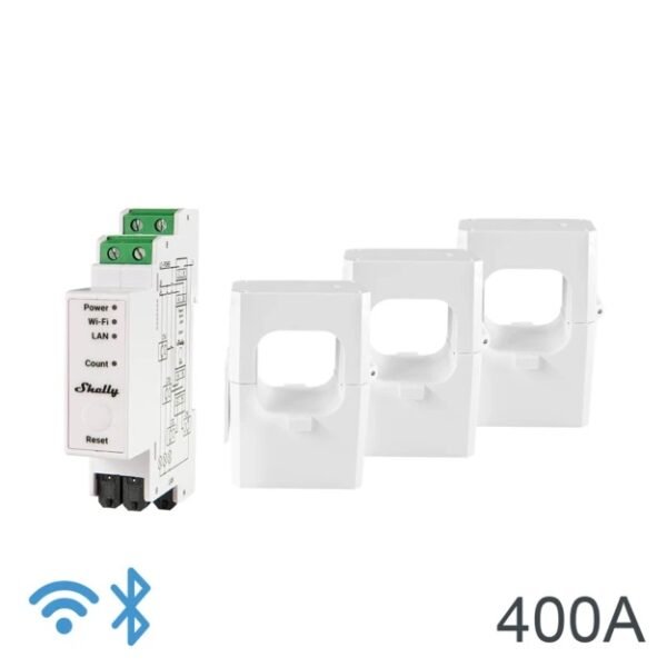 Shelly Pro 3EM 400A – Contatore di Energia DIN 3 Fasi con Pinze 400A