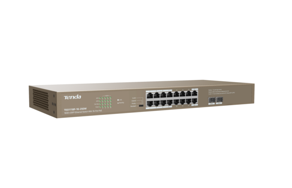 Switch Tenda 16-Porte PoE 16GE+2SFP - 250W - Light brown